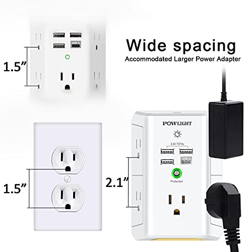 Outlet Extender with Night Light, USB Wall Charger, POWLIGHT 5-Outlet Surge Protector Power Strip with 4 USB Ports, 1680 Joules Multi Plug Outlet with Spaced Outlets for Home, Office, White