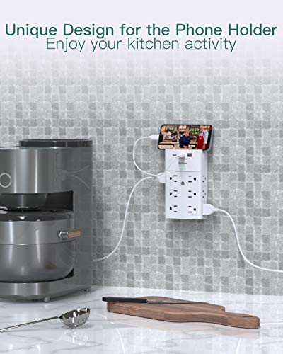 Multi Plug Outlet - Addtam Surge Protector Wall Mount with 12 Outlet Extender- 3 Sides and 3 USB Ports (1 USB-C), Outlet Splitter Power Strip for Home, Office, Hotel, White