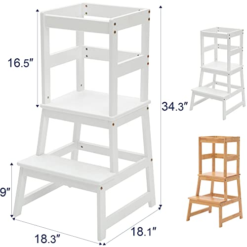 Wiifo Kids Kitchen Step Stool with Safety Rail,Wooden Learning Toddler Tower for Kitchen Counter, Mothers' Helper,Montessori Kids Learning Stool, Natural Solid Wood Construction