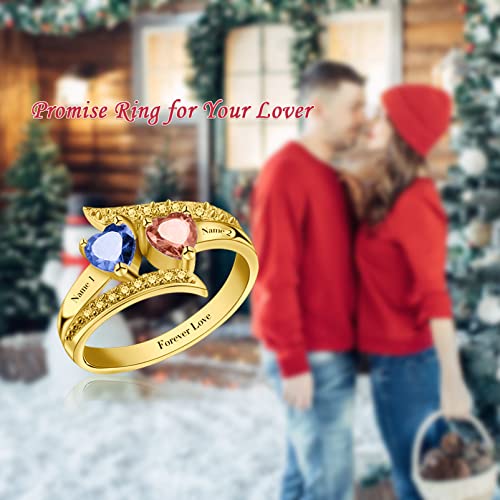 ORFAN Personalized Promise Rings for Her Custom Couples Name Ring for Women Mother Rings with 2 Simulated Birthstones Customized for Her (Gold)