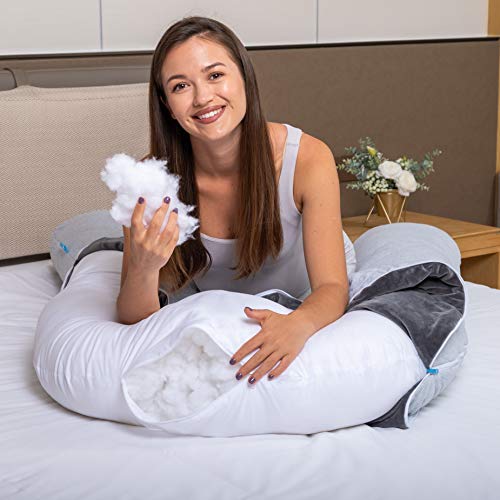 BODY NEST Cooling Pregnancy Pillow. U-Shape Full Body Pillow with Reversible Zippered Jersey Cotton Cover Gray. 2-in-1 Cover with Cooling Cotton Summer Side & Minky Soft Winter Side