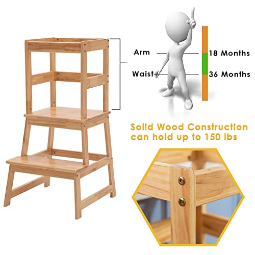 Wiifo Kids Kitchen Step Stool with Safety Rail,Wooden Learning Toddler Tower for Kitchen Counter, Mothers' Helper,Montessori Kids Learning Stool, Natural Solid Wood Construction