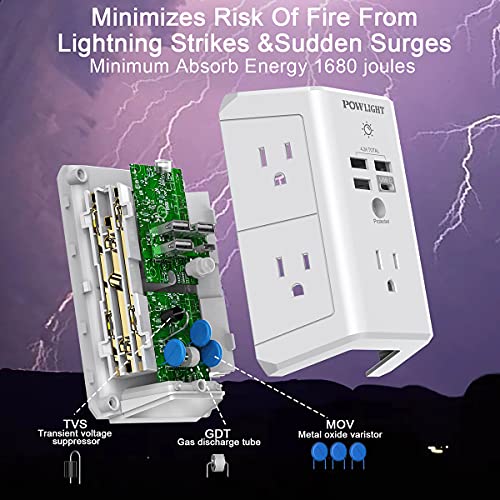 Outlet Extender with Night Light, USB Wall Charger, POWLIGHT 5-Outlet Surge Protector Power Strip with 4 USB Ports, 1680 Joules Multi Plug Outlet with Spaced Outlets for Home, Office, White