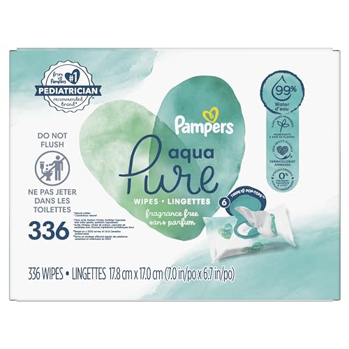 Baby Wipes, Pampers Aqua Pure Sensitive Water Baby Diaper Wipes, Hypoallergenic and Unscented, 6X Pop-Top Travel Packs, 336 Count