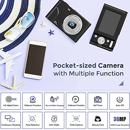 TOBERTO HD Digital Camera, 1080P Vlogging LCD Mini Camera with 16X Zoom 36MP Digital Point and Shoot Camera Video Camera, for Kids Students Beginners Beauty Face