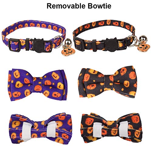 ADOGGYGO Halloween Cat Collar Breakaway with Bowtie Bell - 2 Pack Kitten Collar Pumpkin Print Kitty Collar with Removable Bowtie Cat Bow tie Collar for Kitten Cat (Pumpkin)