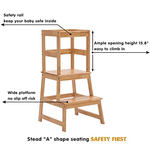 Wiifo Kids Kitchen Step Stool with Safety Rail,Wooden Learning Toddler Tower for Kitchen Counter, Mothers' Helper,Montessori Kids Learning Stool, Natural Solid Wood Construction
