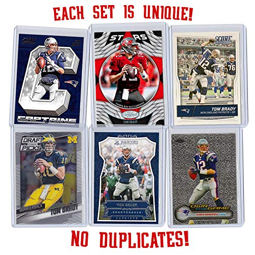 Tom Brady Football Card Bundle, Set of 6 Assorted New England Patriots and Michigan Wolverines Mint Football Cards of Quarterback GOAT Super Bowl Champion Tom Brady, Protected by Sleeve and Toploader