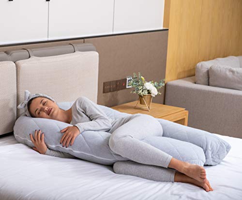 BODY NEST Cooling Pregnancy Pillow. U-Shape Full Body Pillow with Reversible Zippered Jersey Cotton Cover Gray. 2-in-1 Cover with Cooling Cotton Summer Side & Minky Soft Winter Side