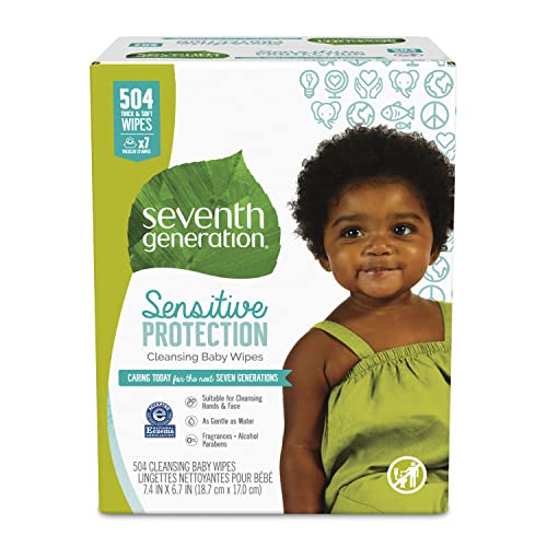 Seventh Generation Baby Wipes, Free & Clear Unscented and Sensitive, Gentle as Water, with Flip Top Dispenser, 504 count (Packaging May Vary)