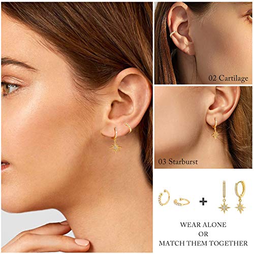 Hoop Earrings,14K Gold Plated Cartilage Hole Hinged Huggie Stud with CZ Cubic Zirconia Earrings For Women Girls