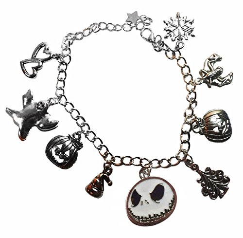 Nightmare Before Christmas 9 Themed Charms Silvertone Metal Charm Bracelet