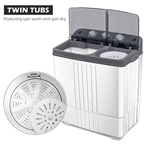 COSTWAY Washing Machine, Twin Tub 20Lbs Capacity, Washer(12Lbs) and Spinner(8Lbs), Portable Compact Laundry Machines Durable Design Energy Saving, Rotary Controller and Washer Spin Dryer(Grey + White)
