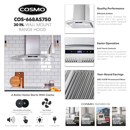 Cosmo COS-668AS750 Wall Mount Range Hood 380 CFM, Ductless Convertible Duct, Glass Chimney Over Stove Vent with Light, 3 Speed Exhaust, Fan Timer & Permanent Filter, 30, Stainless Steel