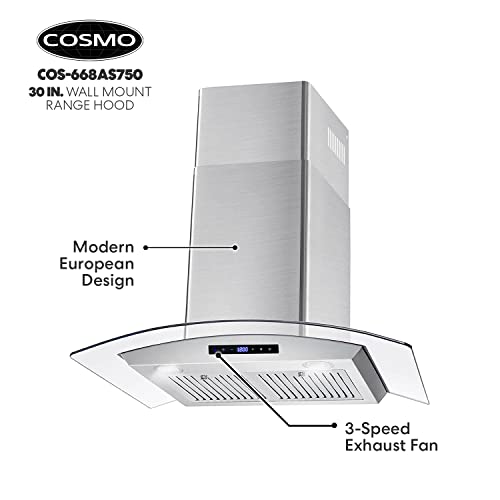 Cosmo COS-668AS750 Wall Mount Range Hood 380 CFM, Ductless Convertible Duct, Glass Chimney Over Stove Vent with Light, 3 Speed Exhaust, Fan Timer & Permanent Filter, 30, Stainless Steel