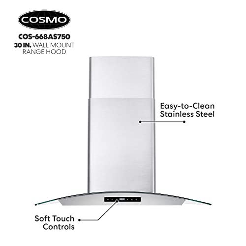 Cosmo COS-668AS750 Wall Mount Range Hood 380 CFM, Ductless Convertible Duct, Glass Chimney Over Stove Vent with Light, 3 Speed Exhaust, Fan Timer & Permanent Filter, 30, Stainless Steel