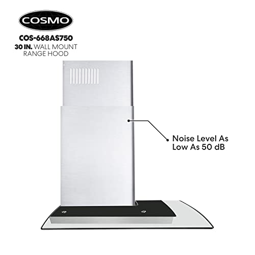 Cosmo COS-668AS750 Wall Mount Range Hood 380 CFM, Ductless Convertible Duct, Glass Chimney Over Stove Vent with Light, 3 Speed Exhaust, Fan Timer & Permanent Filter, 30, Stainless Steel