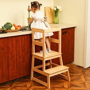 Wiifo Kids Kitchen Step Stool with Safety Rail,Wooden Learning Toddler Tower for Kitchen Counter, Mothers' Helper,Montessori Kids Learning Stool, Natural Solid Wood Construction