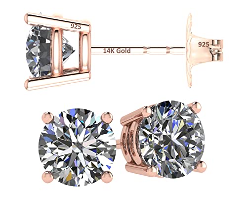 NANA 14k Gold Post & Sterling Silver 4 Prong CZ Stud Earrings -Rose Gold Plated-5.25mm-1.00cttw