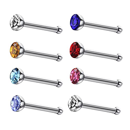 JewelrieShop 40pcs Nose Studs Stainless Steel CZ Nose Rings Stud Piercing Jewelry Bone Studs for Women Men Hypoallergenic 22G (2mm, Multi Colors)