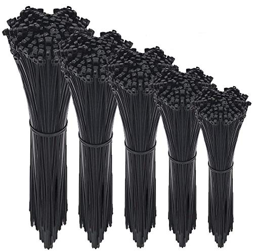 Cable Zip Ties,500 Packs Self-Locking 4+6+8+10+12-Inch Width 0.16inch Nylon Cable Ties,Perfect for Home,Office,Garage and Workshop (Black)