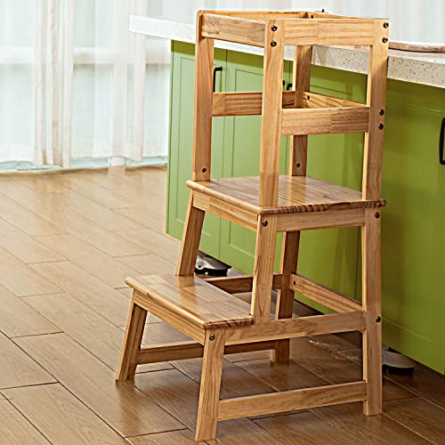 Wiifo Kids Kitchen Step Stool with Safety Rail,Wooden Learning Toddler Tower for Kitchen Counter, Mothers' Helper,Montessori Kids Learning Stool, Natural Solid Wood Construction