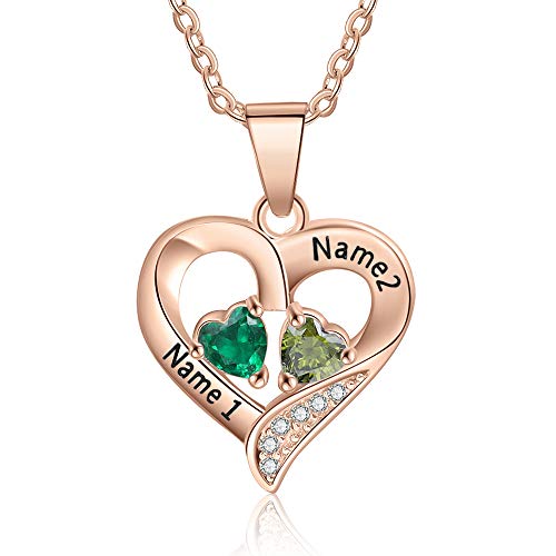 Love Jewelry Sterling Silver Personalized 2 Names Necklace with 2 Heart Simulated Birthstone Couple Pendant Necklace for Women (Rose Gold)