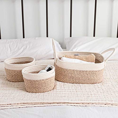 OrganiHaus Set of 3 Mini Woven Cotton Rope Nursery Baskets with Handles, Decorative Baby Room Cute Rustic Basket Storage Organizer Bin for Toys, Diapers, Crafts, Clothes, Laundry - Brown