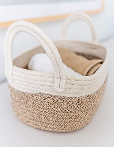 OrganiHaus Set of 3 Mini Woven Cotton Rope Nursery Baskets with Handles, Decorative Baby Room Cute Rustic Basket Storage Organizer Bin for Toys, Diapers, Crafts, Clothes, Laundry - Brown