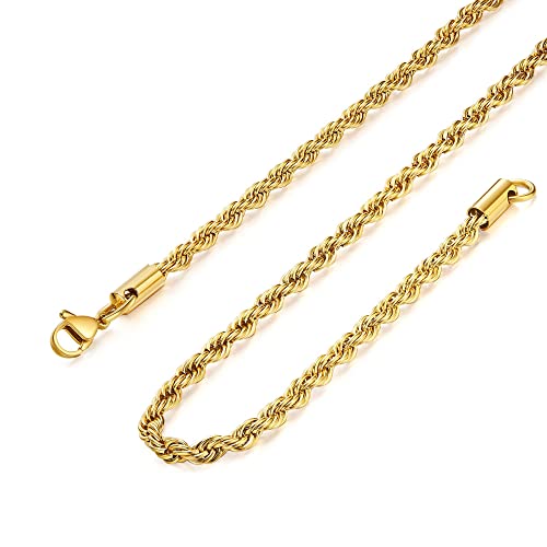 Giftall 3MM Rope Chain Necklace Stainless Steel Twist Rope Chain Necklace for Men Women 16 Inches 18K Real Gold Plated