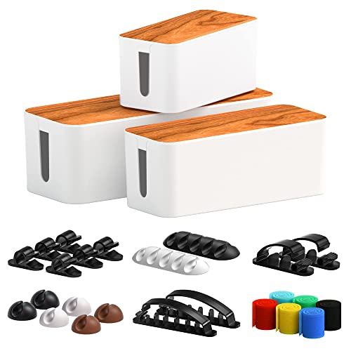 Cable Management Box 3 Pack with 16 Cable Clips Set-Large & Medium & Small Wooden Style Cable Organizer Box to Hide Wires&Power Strips | Cord Organizer Box | Cable Organizer for Home & Office [White]