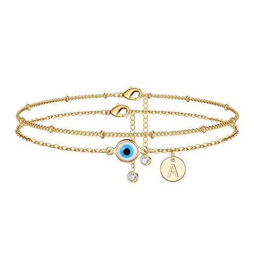Evil Eye Ankle Bracelets for Women, 14K Gold Plated Evil Eye Double Layered Disc Letter Charm Initial Ankle bracelets Handmade Beach Jewelry for Best Frinds Hers Daily Wear Jewelry With Letter A