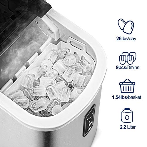 Euhomy Ice Maker Machine Countertop, Makes 26 lbs Ice in 24 hrs-Ice Cubes Ready in 8 Mins, Compact&Lightweight Ice Maker with Ice Scoop & Basket. (Silver)