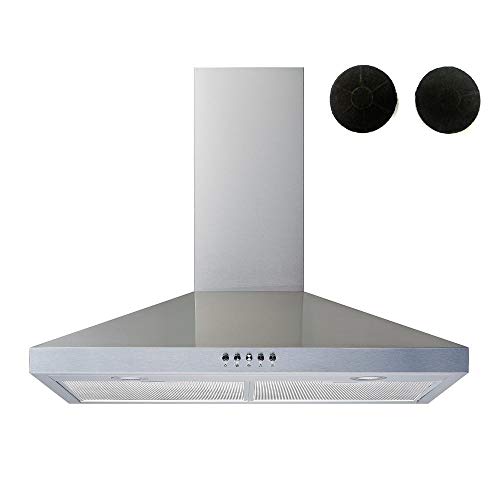 Winflo 30" Convertible Stainless Steel Wall Mount Range Hood with Stainless Steel Baffle filters or Mesh Filters, LED lights and 3 Speed Push Button Control (With 2pcs charcoal filters)