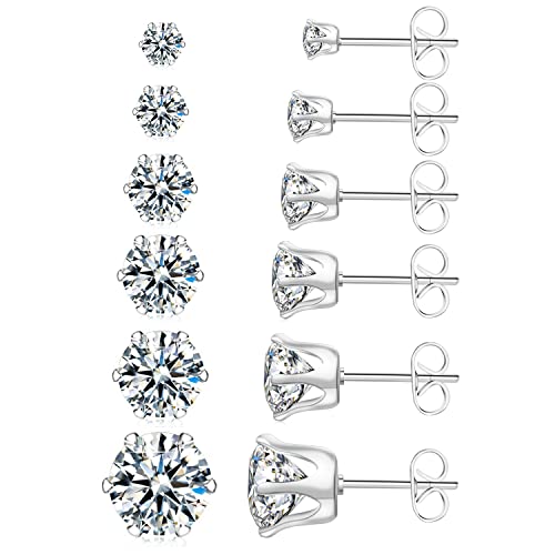 UHIBROS Cubic Zirconia Earrings Studs for Women, 6 Pairs Hypoallergenic 316L Stainless Steel Stud Earrings Set 14K White Gold Plated Multipack CZ Silver Earrings for Mens Girls 3-8mm