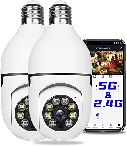 2Pcs Light Bulb Security Camera 2.4GHz & 5G WiFi Outdoor, 1080P E27 Light Socket Security Camera, Indoor 360Â° Home Security Cameras, Full Color Day and Night, Smart Motion Detection (2PCS, Support 5G)