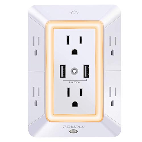USB Wall Charger, Surge Protector, POWRUI 6-Outlet Extender with 2 USB Charging Ports (2.4A Total) and Night Light, 3-Sided Power Strip with Adapter Spaced Outlets - White?ETL Listed