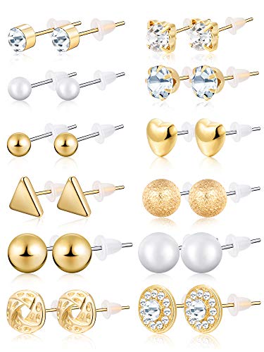 BBTO 24 Pairs Stud Earrings Crystal Pearl Earring Set Ear Stud Jewelry for Girls Women Men, Silver and Gold (Gold)