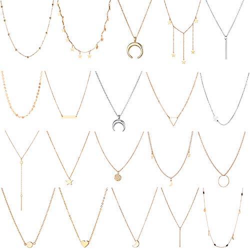 20 PCS Multiple DIY Layered Choker Necklace for Women with Sexy Coin Moon Star Multilayer Choker Chain Y Necklaces Set Adjustable Gold Silver Bar Pendant Y Necklace for Teens Girls Women (20 PCS)