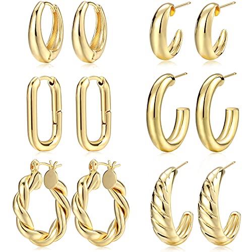 Gold Hoop Earrings Set for Women, 14K Gold Plated Lightweight Hypoallergenic Chunky Open Hoops Set for Gift (Gold)