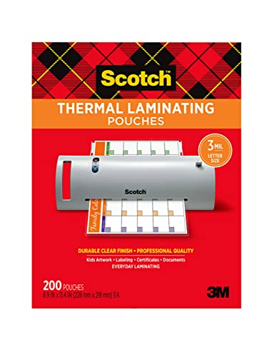 Scotch Thermal Laminating Pouches, 200- Count-Pack of 1, 8.9 x 11.4 Inches, Letter Size Sheets, Clear, 3-Mil (TP3854-200)