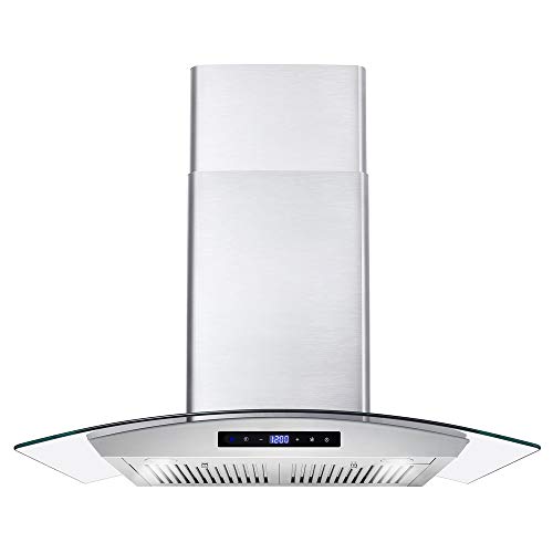 Cosmo COS-668AS750 Wall Mount Range Hood 380 CFM, Ductless Convertible Duct, Glass Chimney Over Stove Vent with Light, 3 Speed Exhaust, Fan Timer & Permanent Filter, 30, Stainless Steel