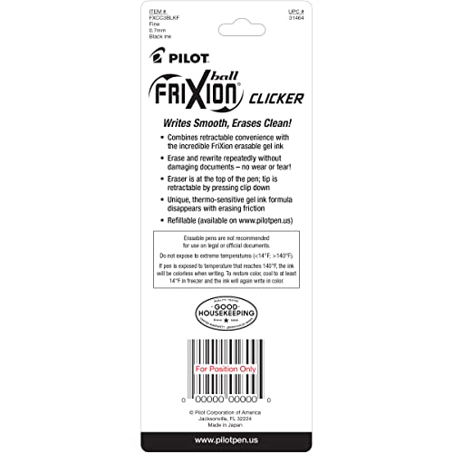 PILOT FriXion Clicker Erasable, Refillable & Retractable Gel Ink Pens, Fine Point, Black Ink, 3 Count (Pack of 1) (31464)