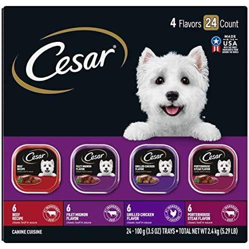 CESAR Wet Dog Food Classic Loaf in Sauce Beef Recipe, Filet Mignon, Grilled Chicken and Porterhouse Steak Variety Pack,. Easy Peel Trays. 3.5 Ounce (Pack of 24)