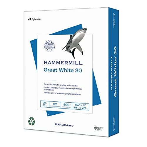 Hammermill Printer Paper, Great White 30% Recycled Paper, 8.5 x 11 - 1 Ream (500 Sheets) - 92 Bright, Made in the USA, 086710