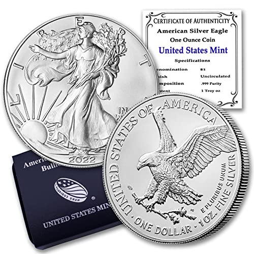 2022 1 oz American Silver Eagle Brilliant Uncirculated (BU) with Original United States Mint Box and a Certificate of Authenticity $1 Mint State