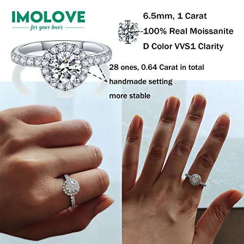 IMOLOVE Moissanite Engagement Rings for Women Wedding Rings 1.64ct D Color VVS1 Clarity Round Cut Moissanite Ring in Sterling Silver plated with 18K Gold-6.5