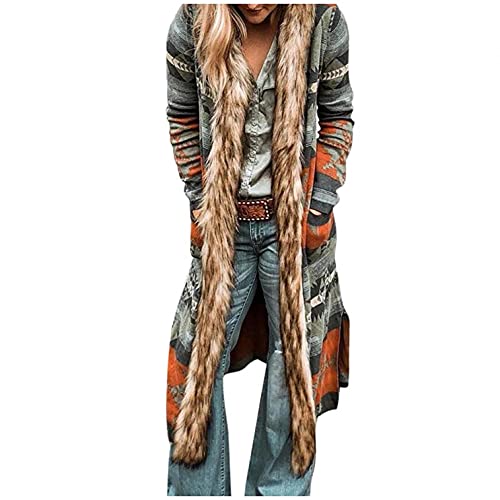 Orange Vintage Boho Long Cardigan Hoodie for Women