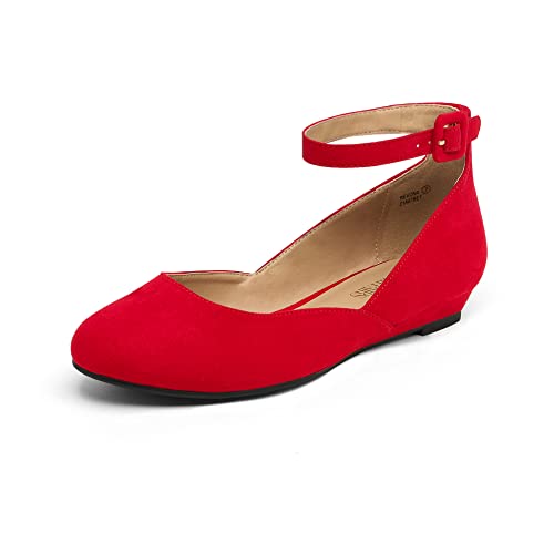 Vintage Red Suede Low Wedge Ankle Strap Flats - Size 9