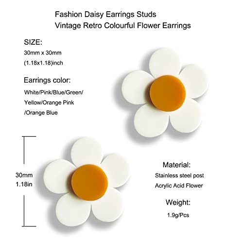 Fiklon 60s 70s Earrings for Women Girls,Retro Neon Hippie Flower Disco Earrings Pink Orange White Blue Yellow Green Colorful Pressed Floral Earring (W)